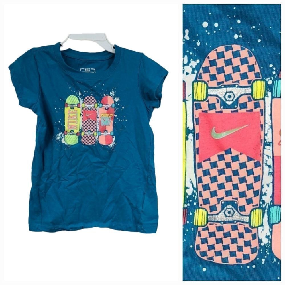 Nike Girls 6 Skateboard Shirt Teal Logo Short Sleeve T-Shirt Knit Tee Sporty Top